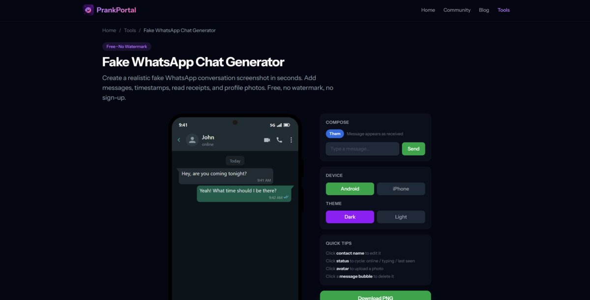 Fake WhatsApp chat generator screenshot from PrankPortal showing a realistic conversation on a phone preview